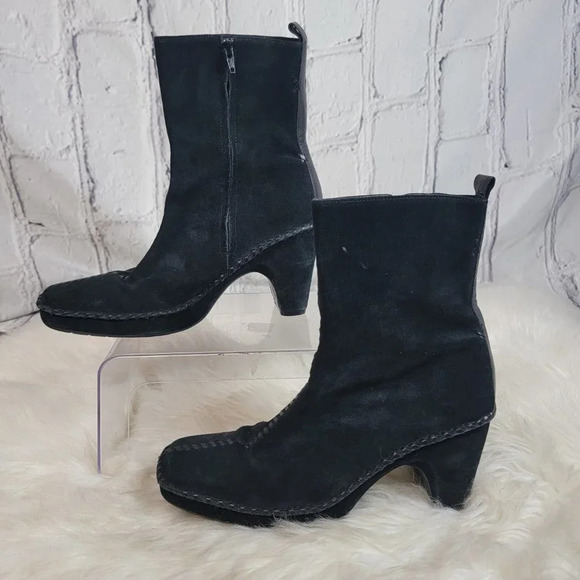 Linea Paolo Womens Suede Leather Square Toe Chunky Heel Black Mid-Calf Boot Chic - Picture 2 of 12